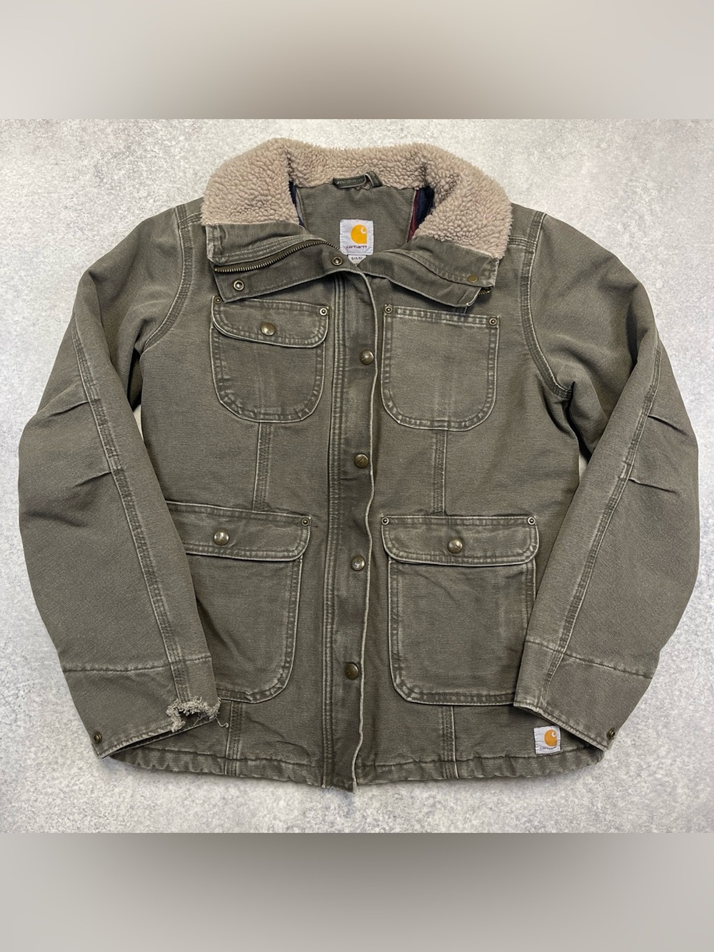 Vintage Style Carhartt Faded Distressed Olive Green Zip Up Lined Field Jacket